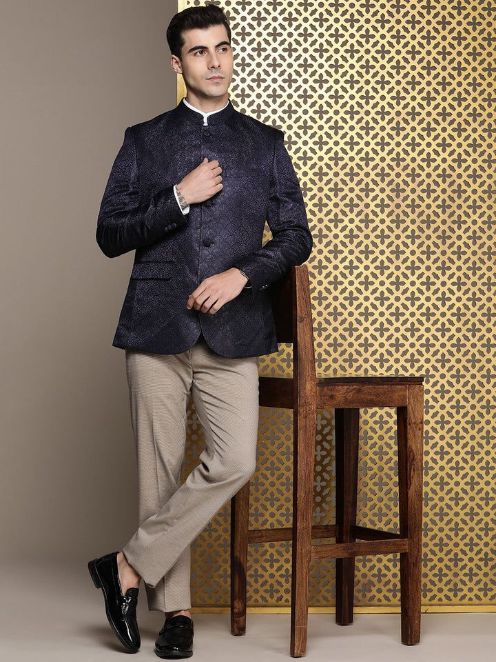 House of Pataudi Self Design Mandarin Collar Bandhgala Jashn Blazers