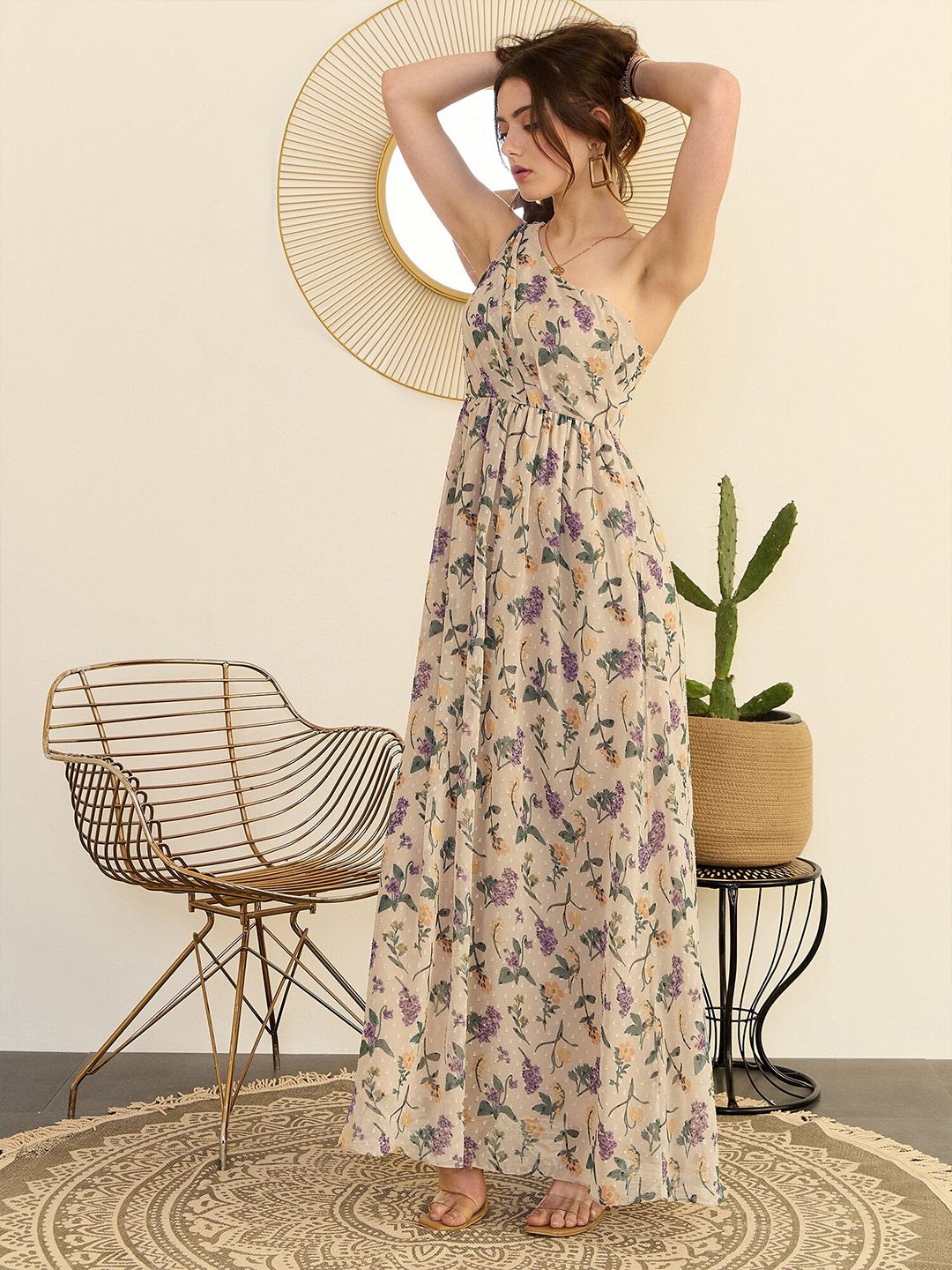 Berrylush Beige Floral Printed One Shoulder Flared Maxi Dress