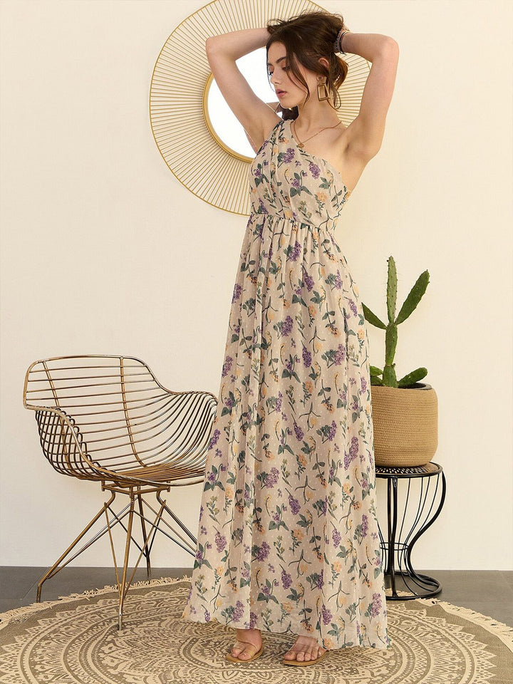 Berrylush Beige Floral Printed One Shoulder Flared Maxi Dress