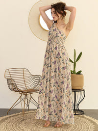 Berrylush Beige Floral Printed One Shoulder Flared Maxi Dress