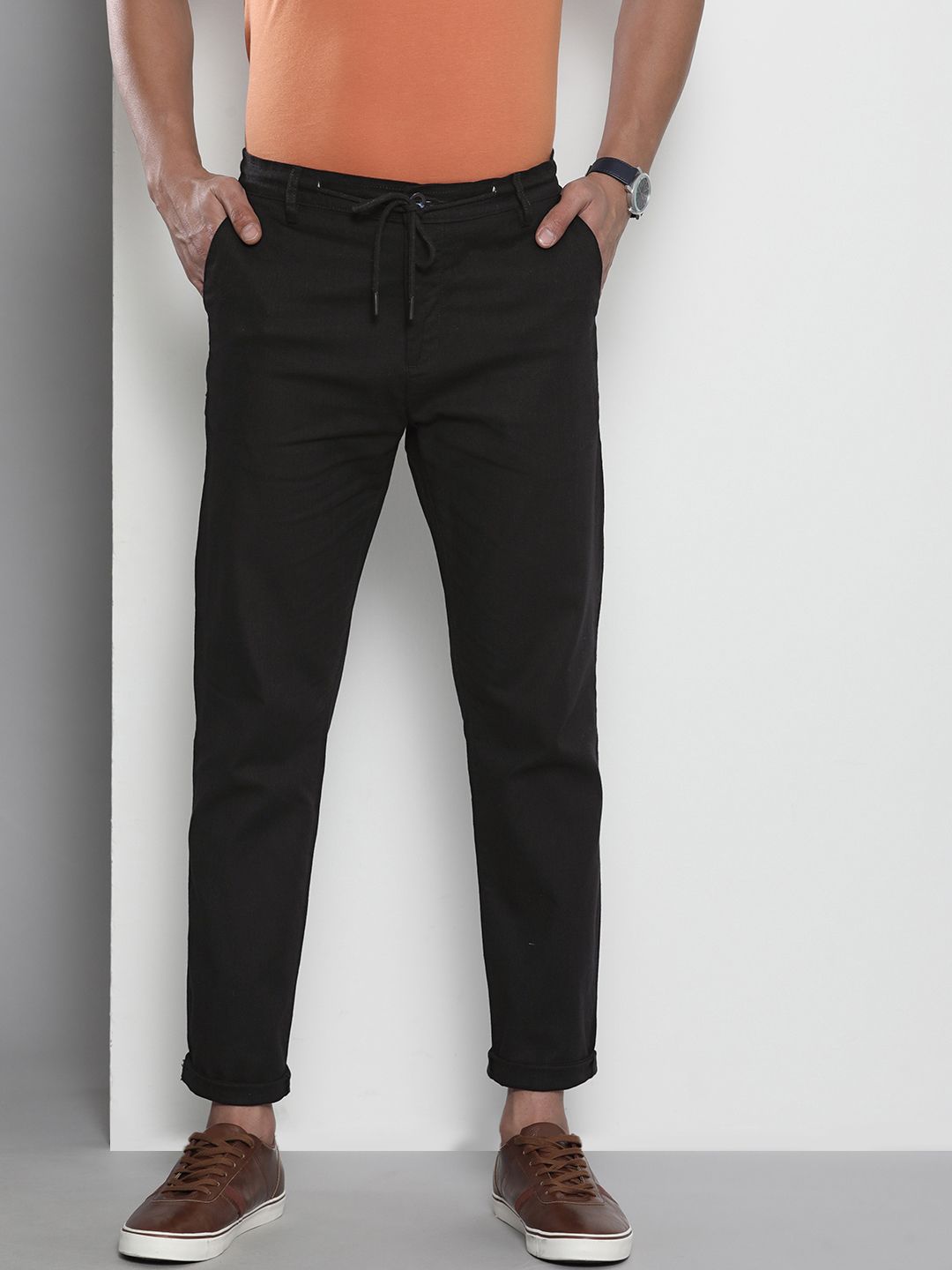 The Indian Garage Co Men Black Cotton Slim Fit Trousers