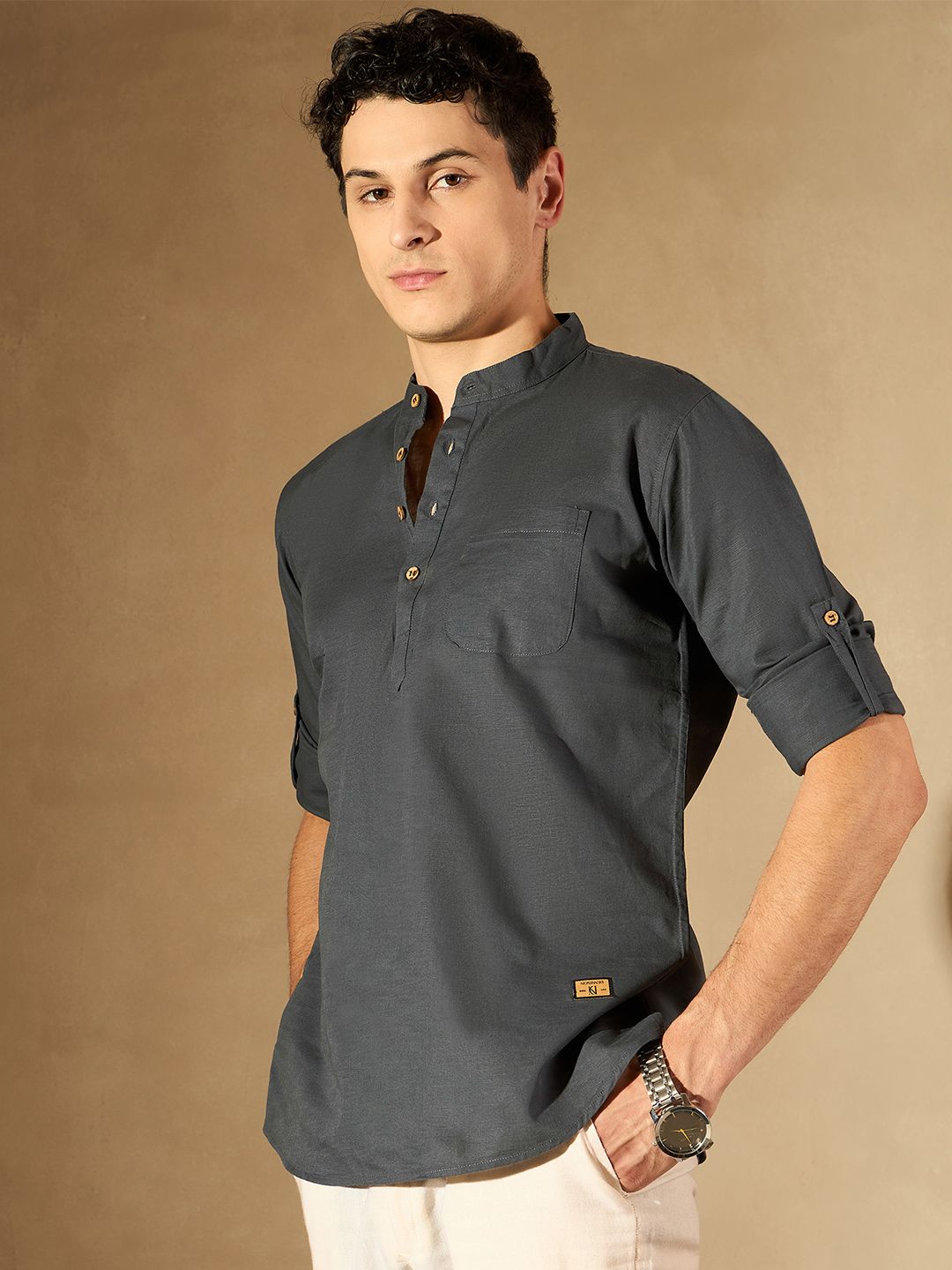 DENNISON Men Grey Pure Cotton Solid Kurta