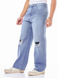 Bewakoof Men's Light Blue Baggy Distressed Mid-Rise Jeans