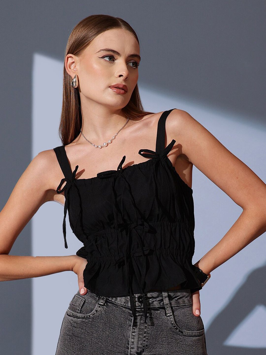 STREET 9 Sleeveless Pure Cotton Cinched Waist Crop Top