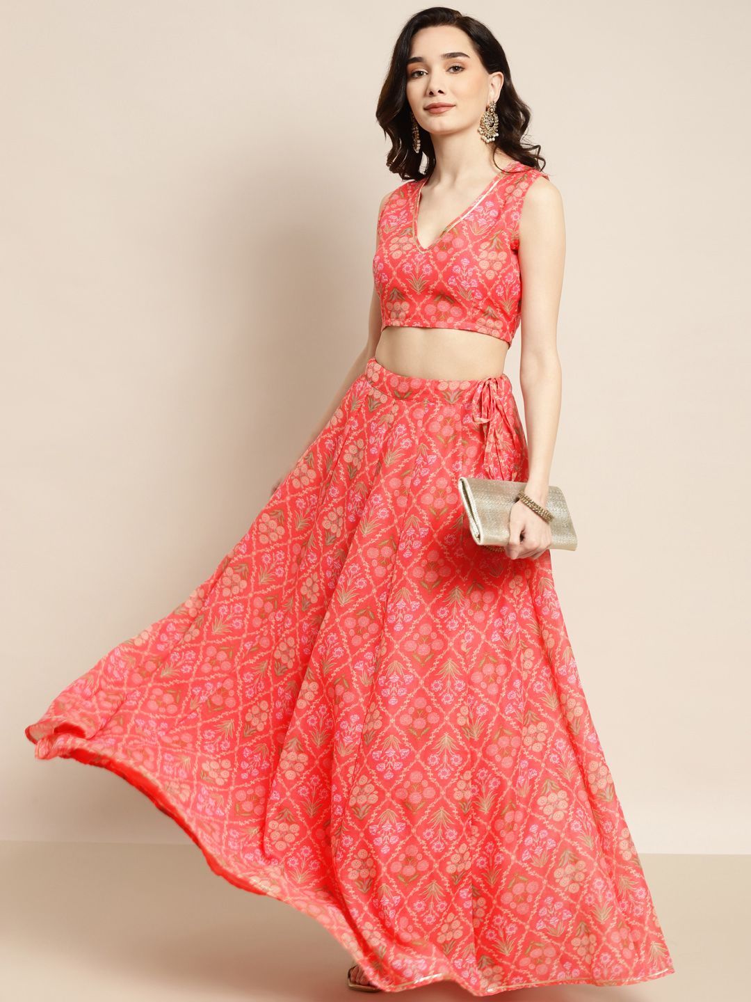 Shae by SASSAFRAS Peach-Coloured & Olive Green Printed Fusion Lehenga Choli