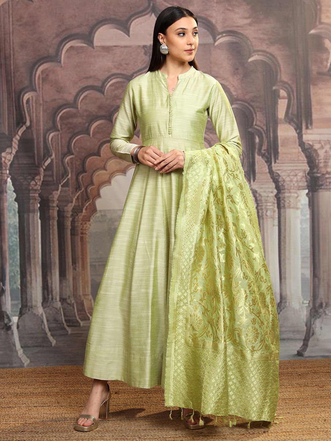 Vishudh Lime Green Mandarin Collar Gathered Or Pleated Cotton Maxi Dress With Dupatta