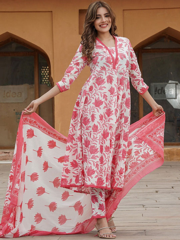 KALINI Floral Printed Pure Cotton Anarkali Kurta with Trousers & With Dupatta