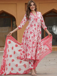 KALINI Floral Printed Pure Cotton Anarkali Kurta with Trousers & With Dupatta