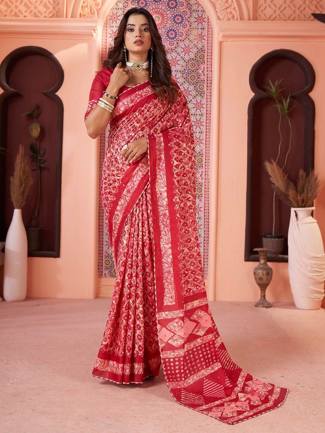 Saree mall Mirror Work Poly Cotton Designer Block Print Sarees