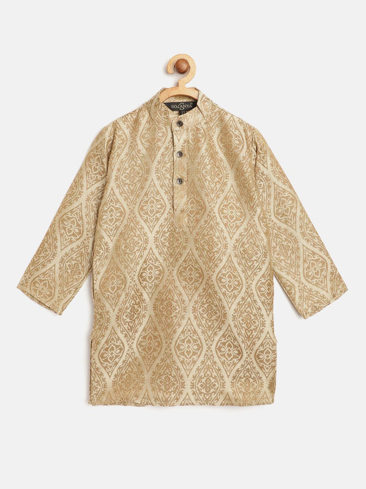 SOJANYA Lelaki Beige & Coklat Motif Etnik Rekaan Tenunan Jacquard Tenunan Kolar Jalur Kurta