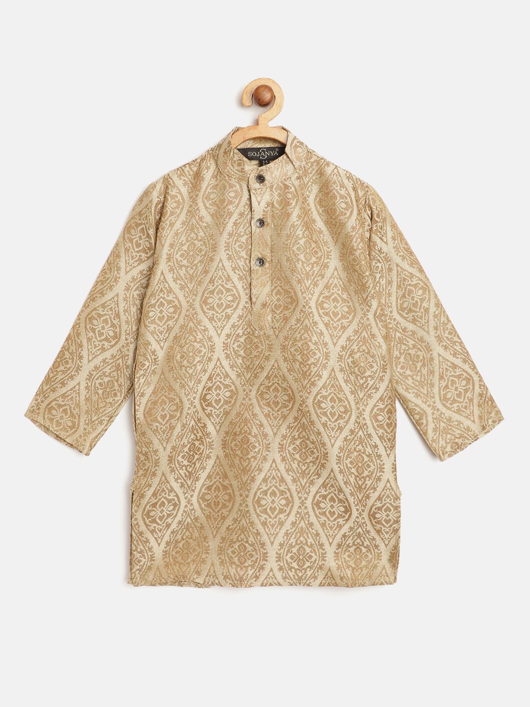 SOJANYA Lelaki Beige & Coklat Motif Etnik Rekaan Tenunan Jacquard Tenunan Kolar Jalur Kurta