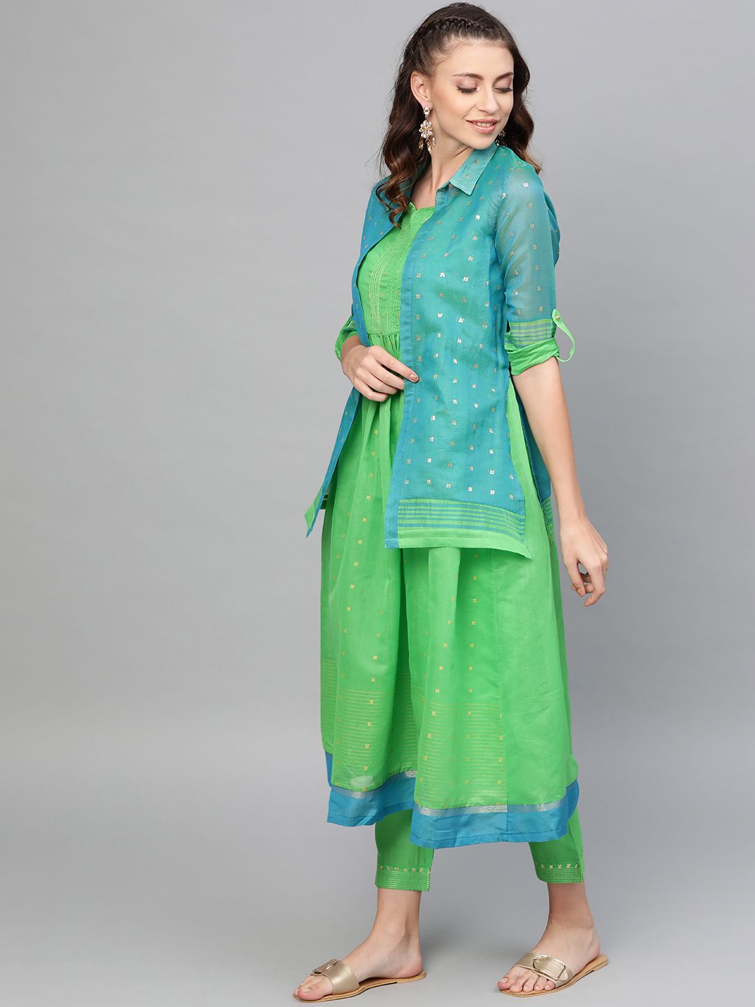 W Women Green & Golden Printed Kurta & Trousers With Ethnic Jacket