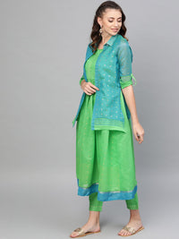 W Women Green & Golden Printed Kurta & Trousers With Ethnic Jacket