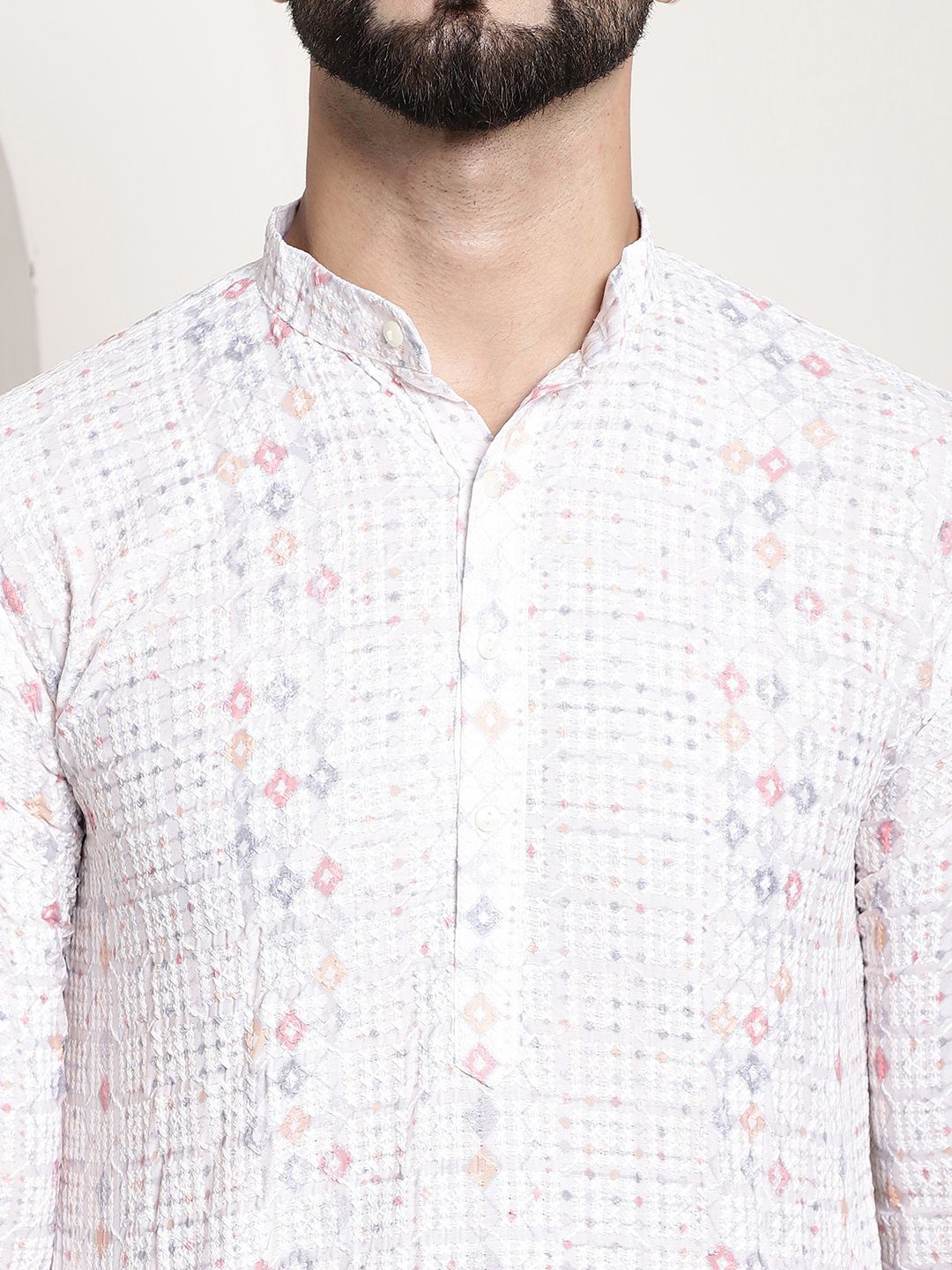 SOJANYA Lelaki White Geometric Printed Thread Work Kurta