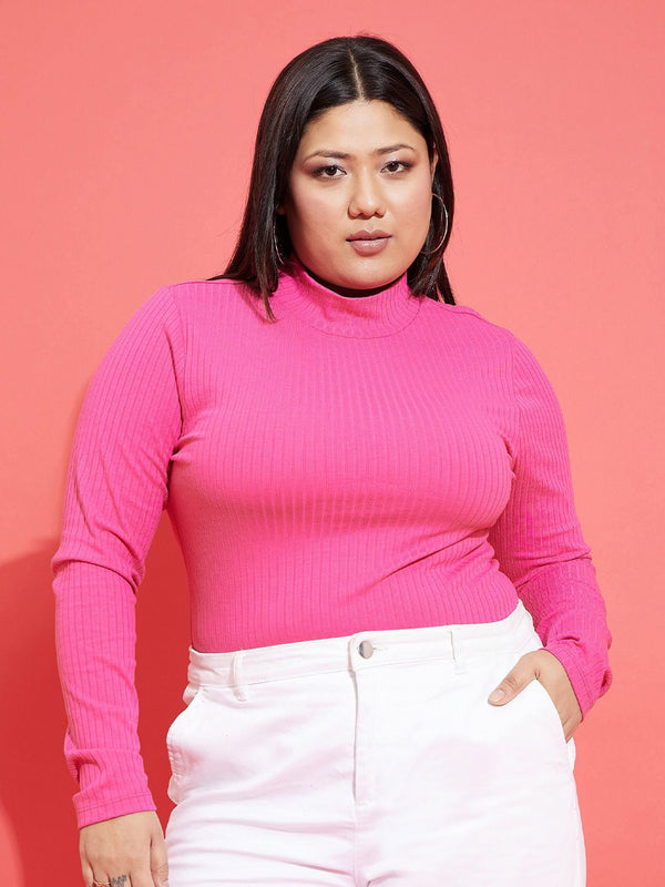 SASSAFRAS Curve Pink Ribbed High Neck Top