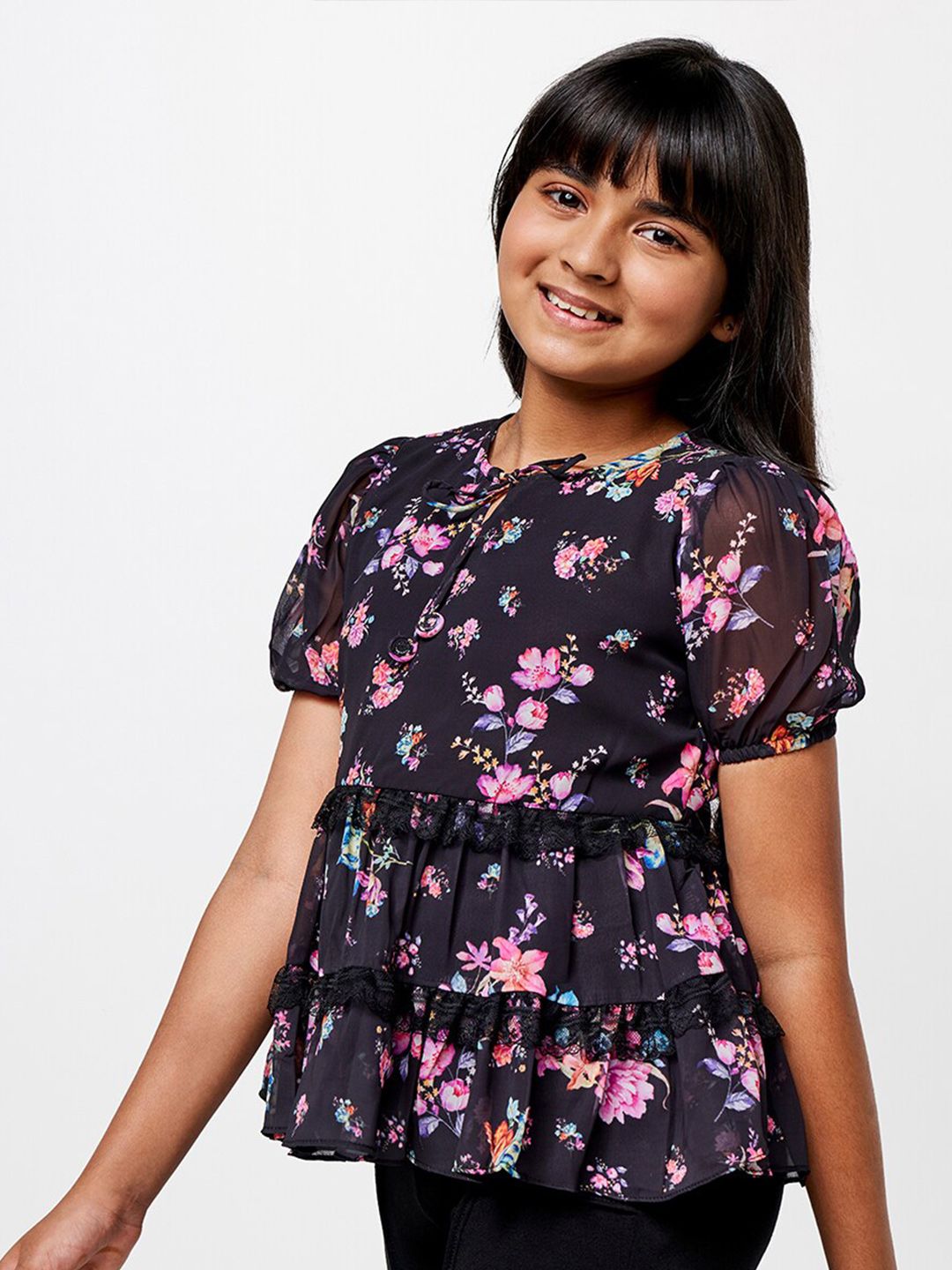 AND Girls Floral Printed Puff Sleeve Tiered Top