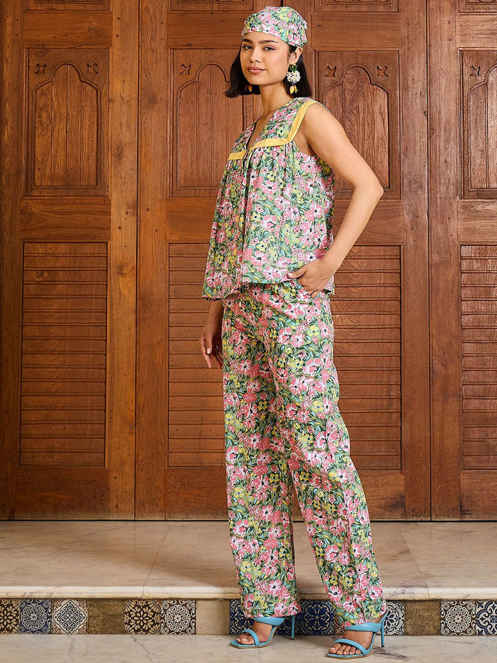 Pink Paprika by SASSAFRAS Floral Printed V Neck Peplum Top With Trousers Co-Ords