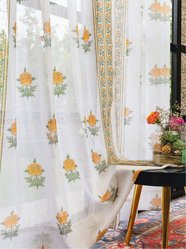 URBAN SPACE White & Yellow 2 Pieces Floral Sheer Window Curtains