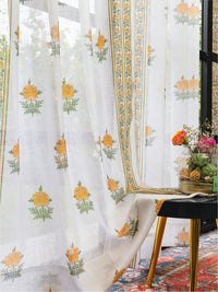 URBAN SPACE White & Yellow 2 Pieces Floral Sheer Window Curtains