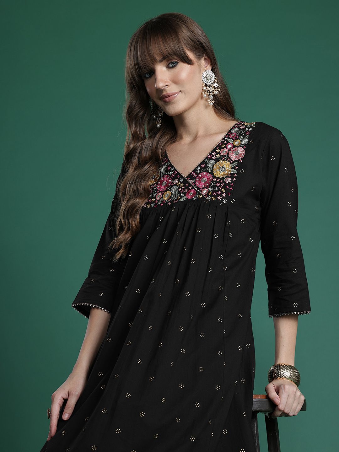 Indo Era Floral Embroidered Empire Thread Work Pure Cotton Kurta with Palazzos