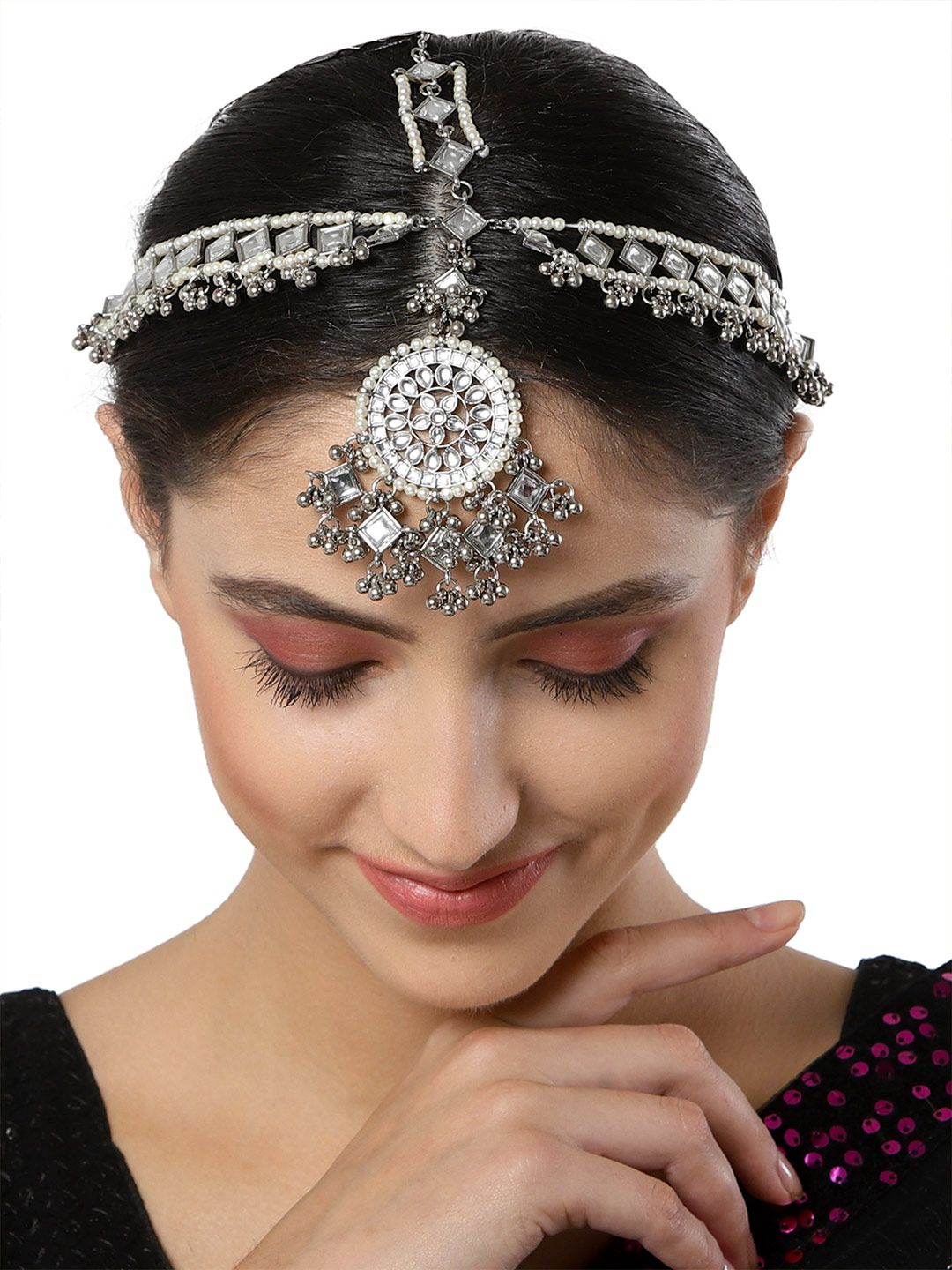 Karatcart teroksida perak bersalut putih Kundan-studded Matha Patti