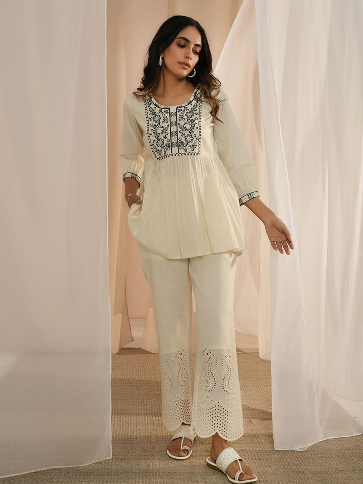 Libas Floral Yoke Design Sequinned Pure Cotton Pleated Kurti