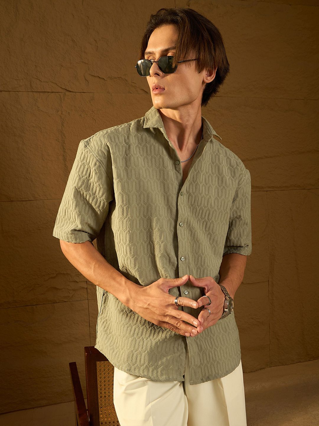 Dennison Men Drop Shoulder Oversized Textured Shirt