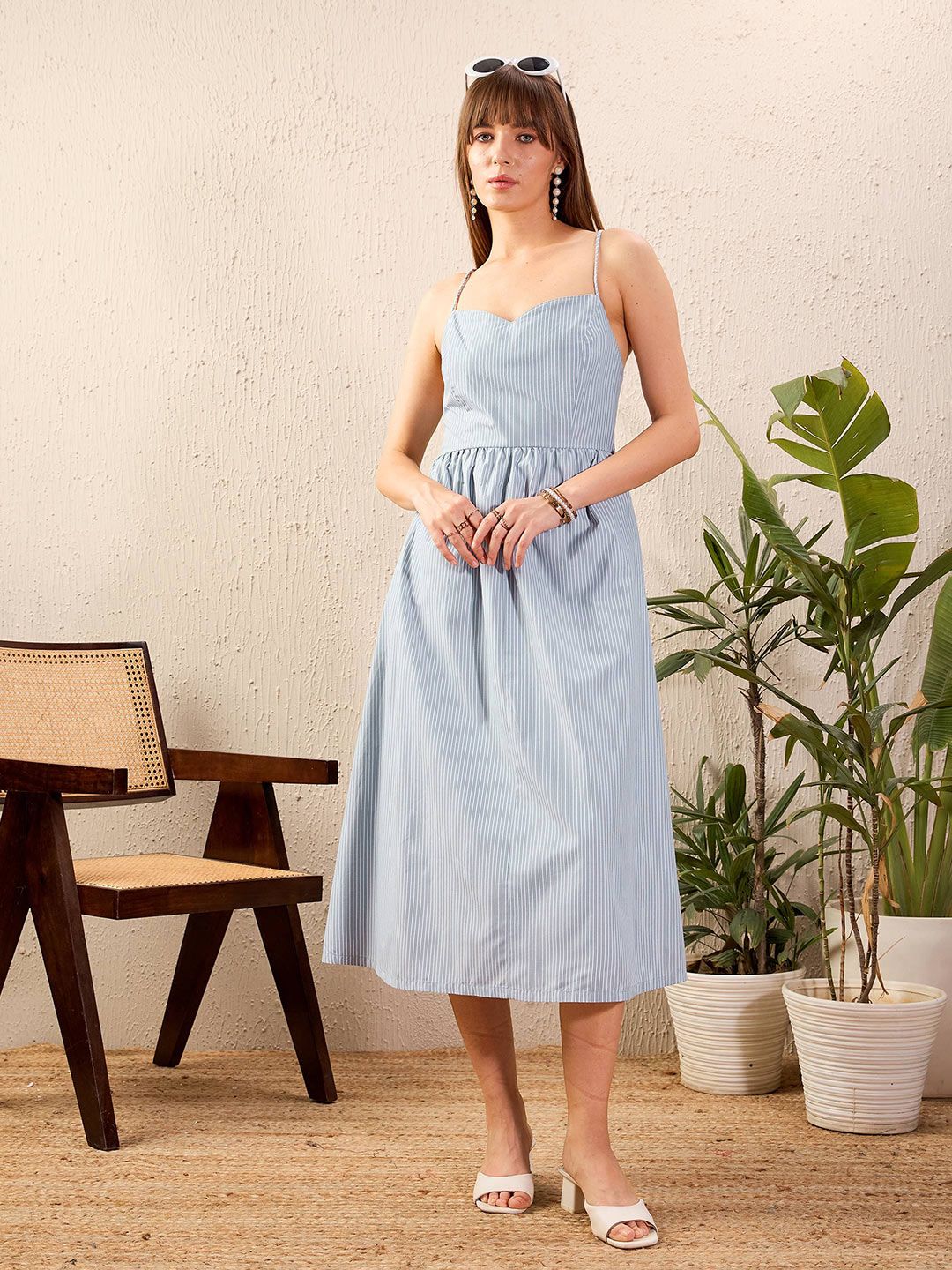 SASSAFRAS Blue Striped Shoulder Strap Cotton Midi Dress