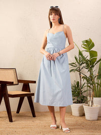 SASSAFRAS Blue Striped Shoulder Strap Cotton Midi Dress
