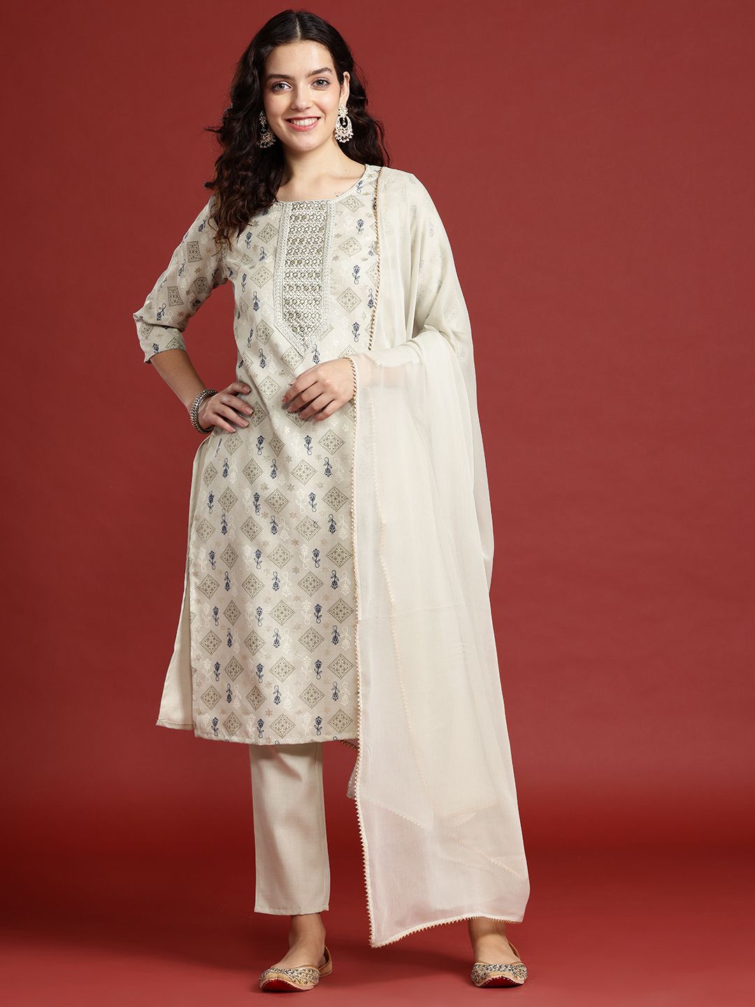 Anouk Ethnic Motifs Printed Regular Thread Work Kurta with Trousers & Dupatta