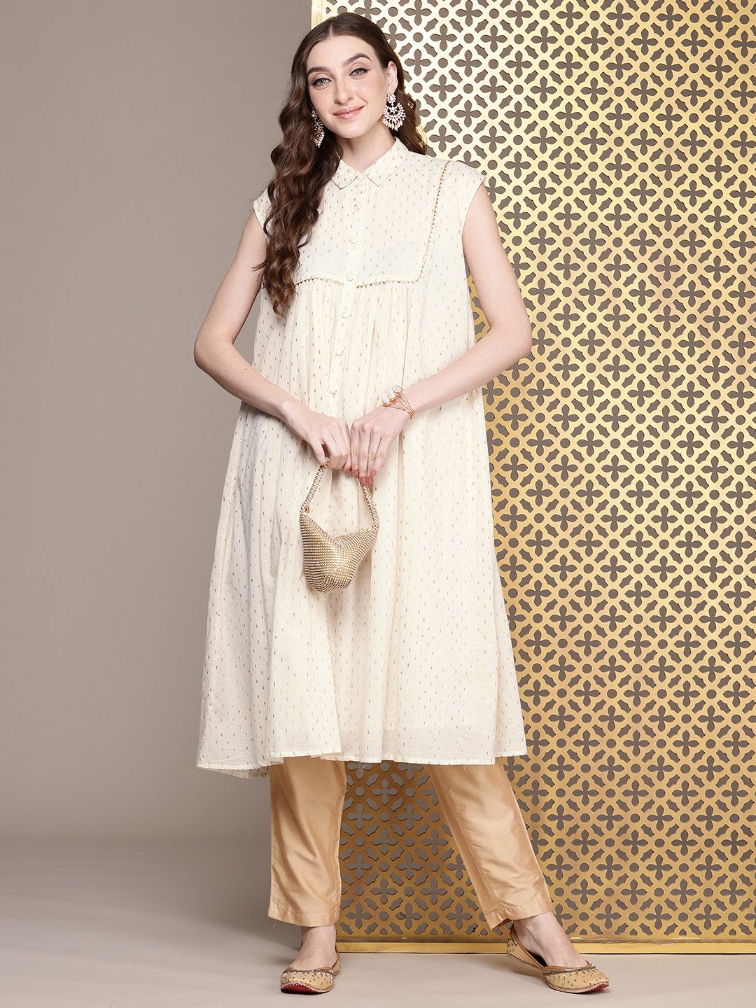 House of Pataudi Geometric Woven Design Shirt Collar Gotta Patti Detail Jashn A-Line Kurta
