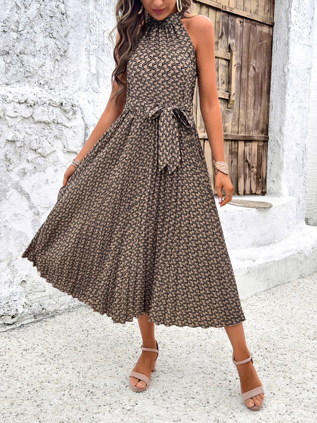 all about you Abstract Printed Halter Neck Fit & Flare Midi Dress