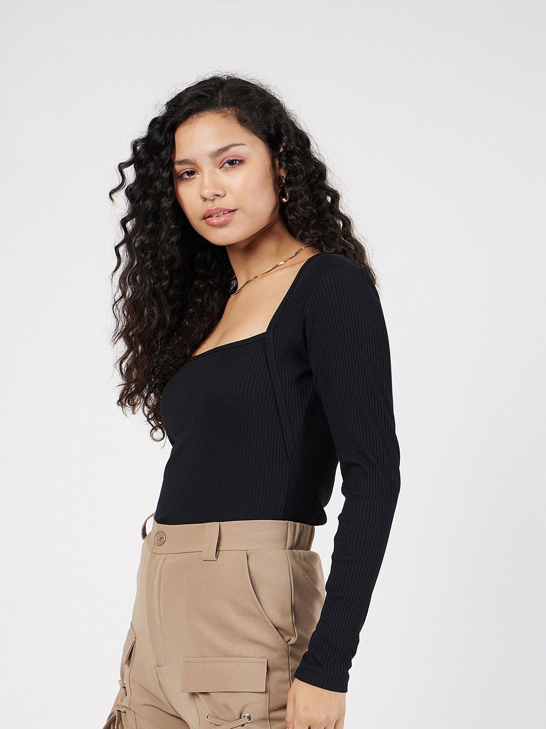 SASSAFRAS Black Ribbed Square Neck Fitted Top