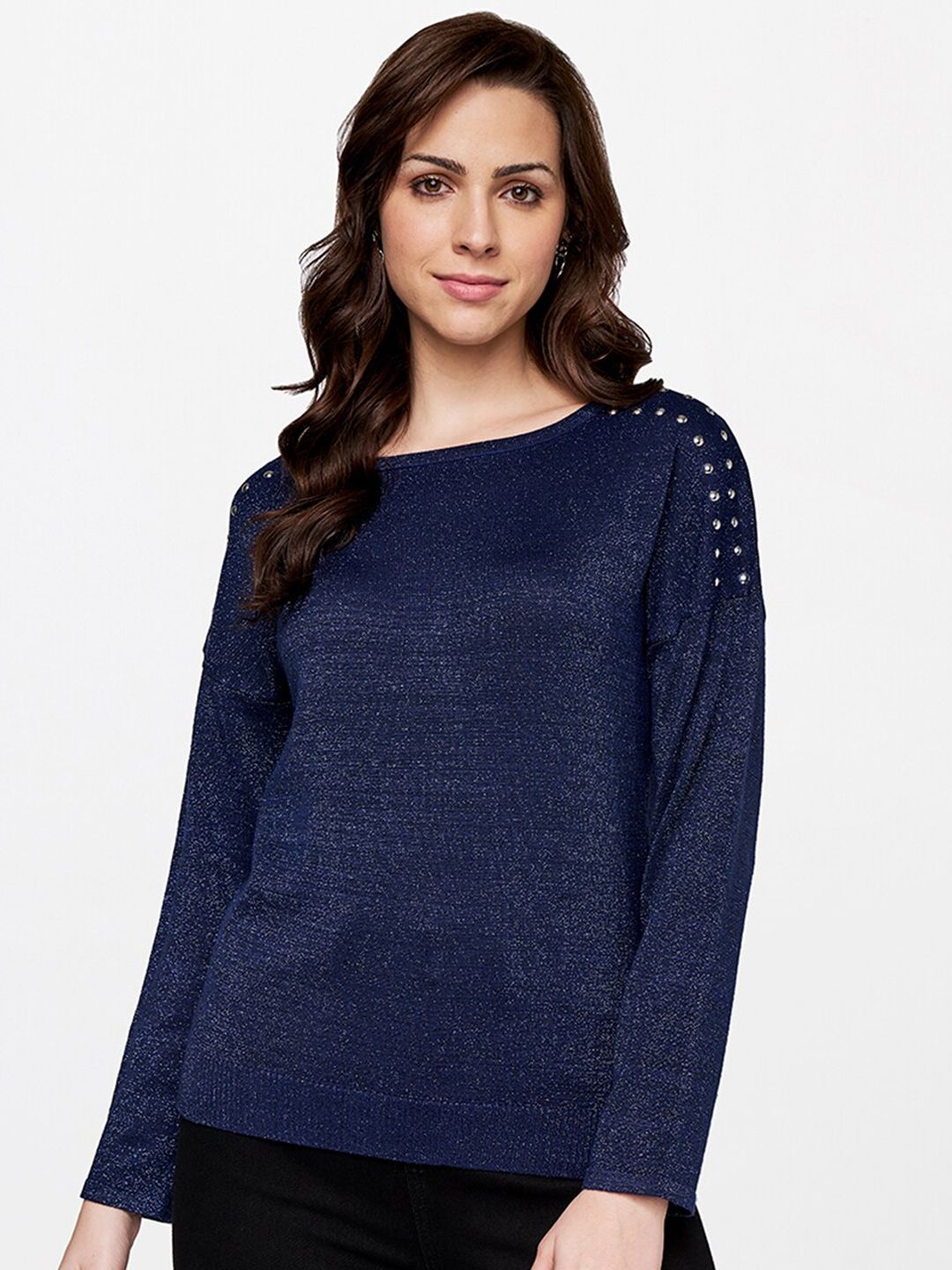 AND Women Navy Blue Extended Sleeves Top