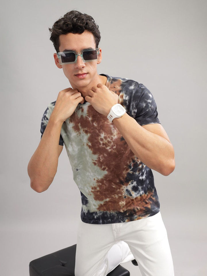 ADRO Tie & Dye Printed Round Neck Short Sleeves Regular Fit Cotton T-shirt