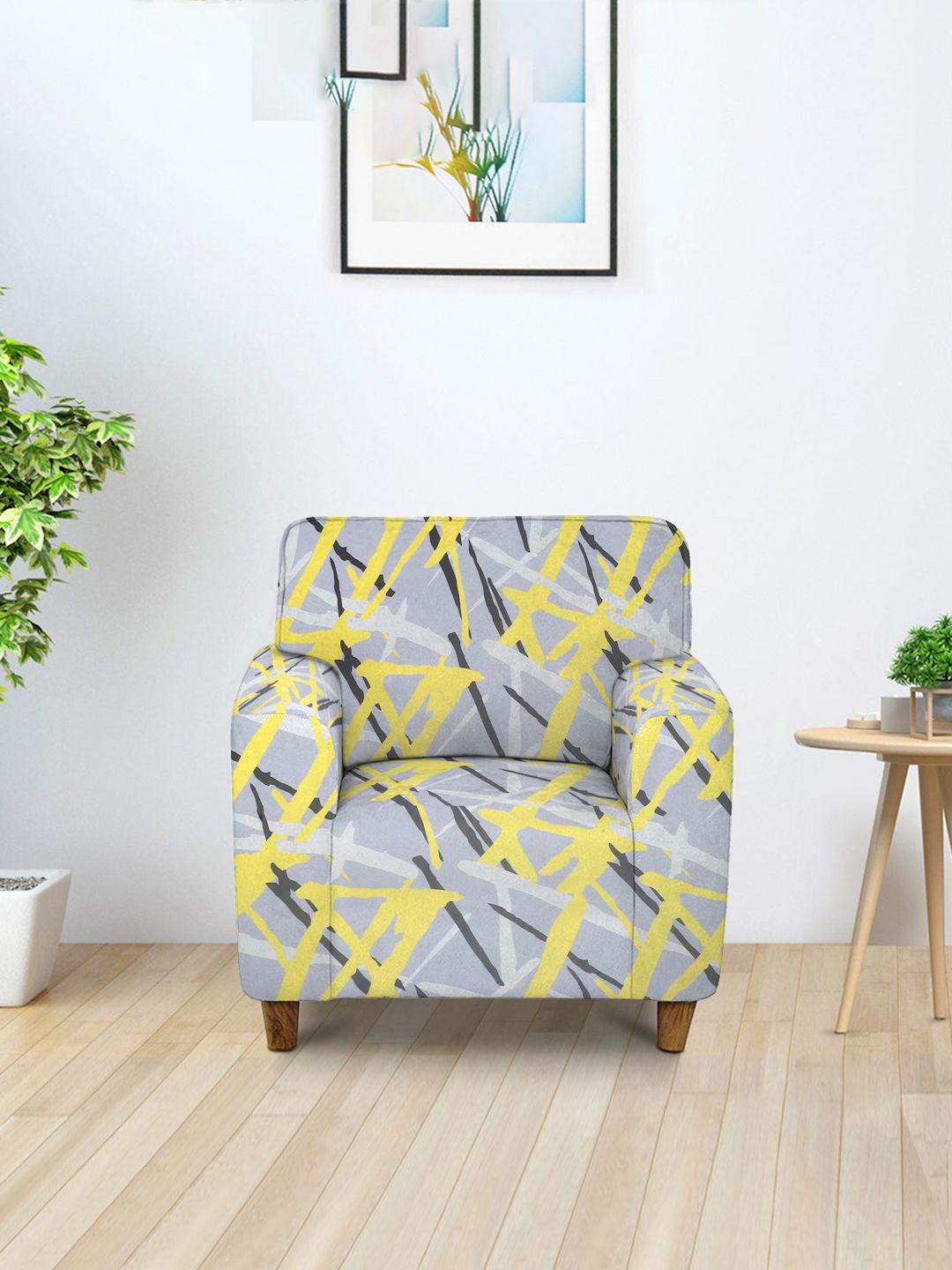 Cortina Grey & Yellow Abstract Printed 1-Seater Sofa Cover