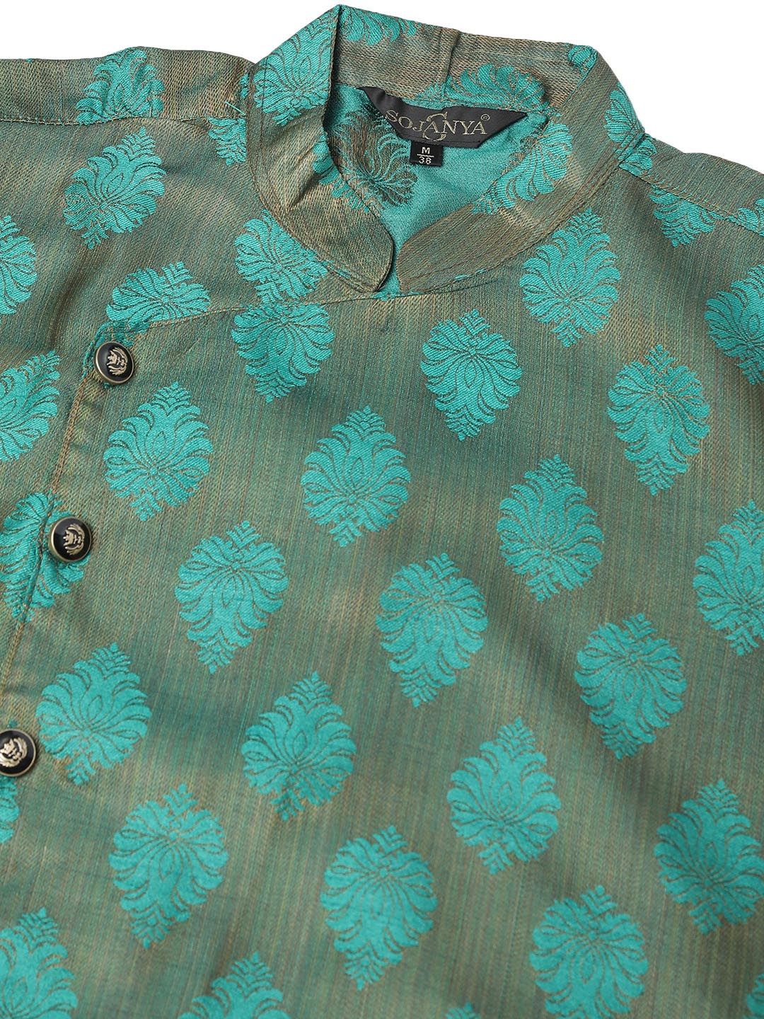 SOJANYA Woven Design Mandarin Collar Silk Cotton Angrakha Kurta