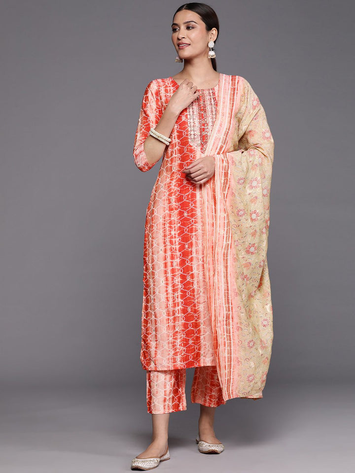 Libas Women Red Yoke Design Sequinned Kurta with Trousers & With Dupatta