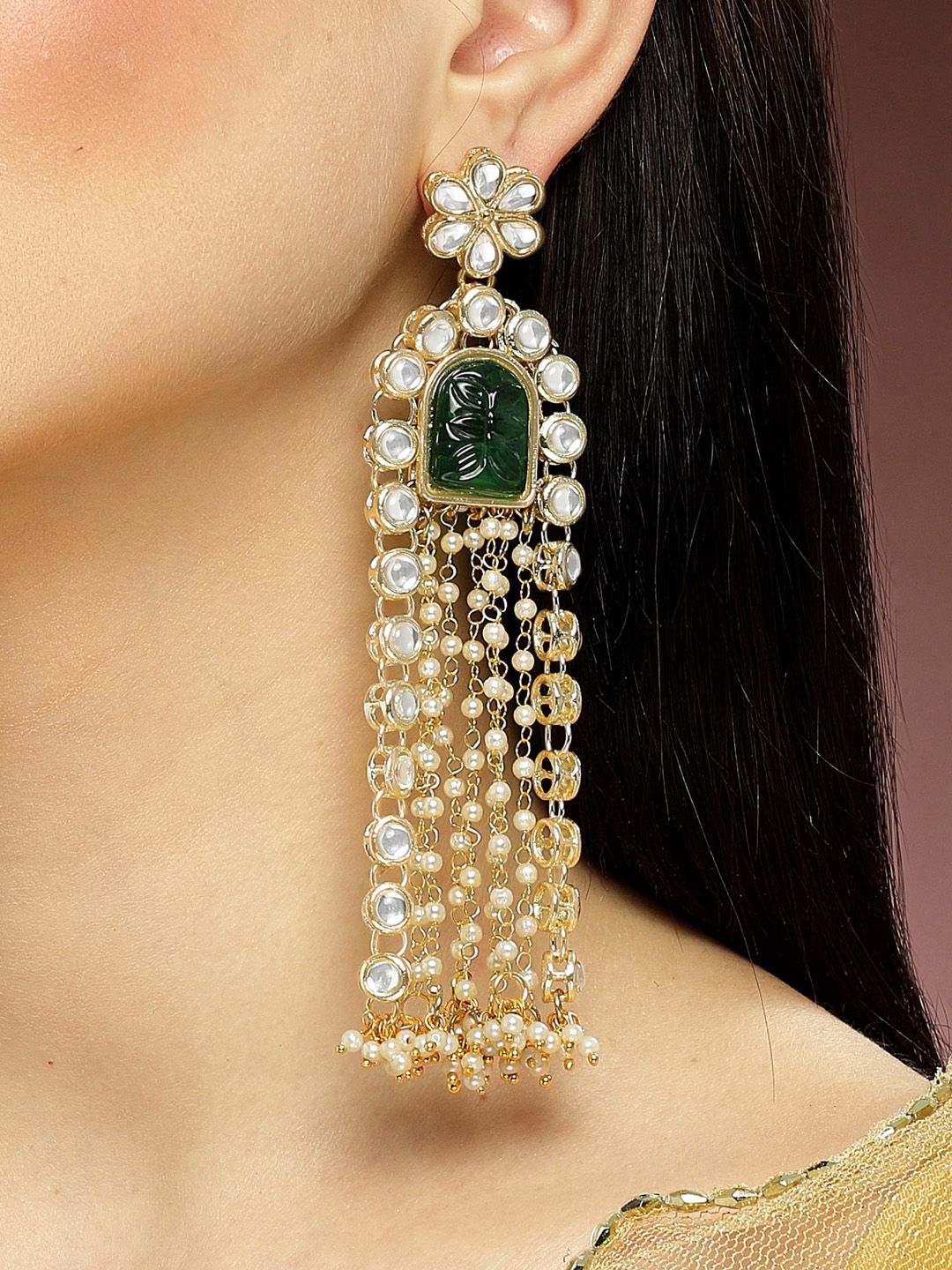 KARATCART Gold-Plated Kundan-Studded Drop Earrings