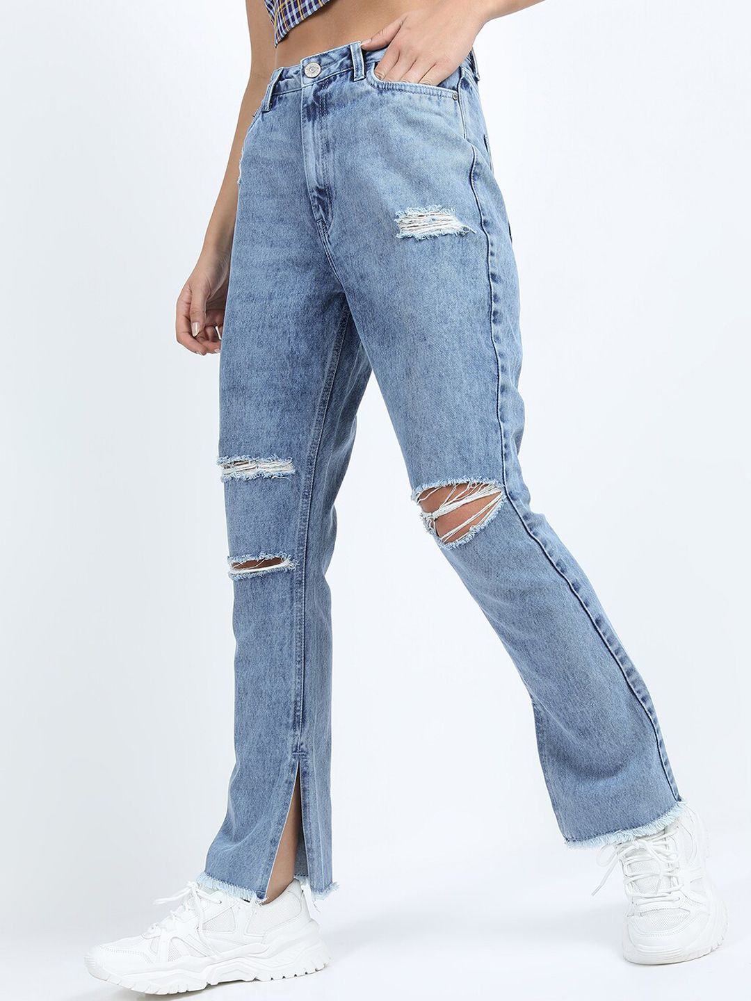 Tokyo Talkies Women Blue Straight Fit Highly Distressed Light Fade Jeans