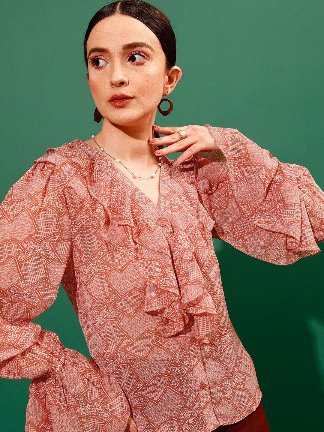 STREET 9 V-Neck Geometric Printed Shirt Style Sheer Ruffled Top