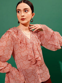 STREET 9 V-Neck Geometric Printed Shirt Style Sheer Ruffled Top
