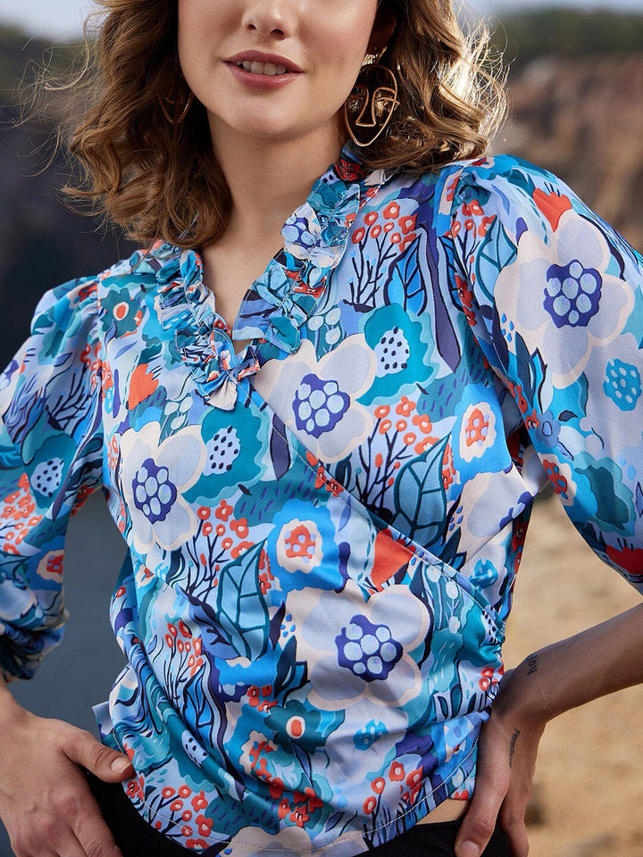 Athena Floral Printed Puff Sleeves Ruffles Wrap Crop Top