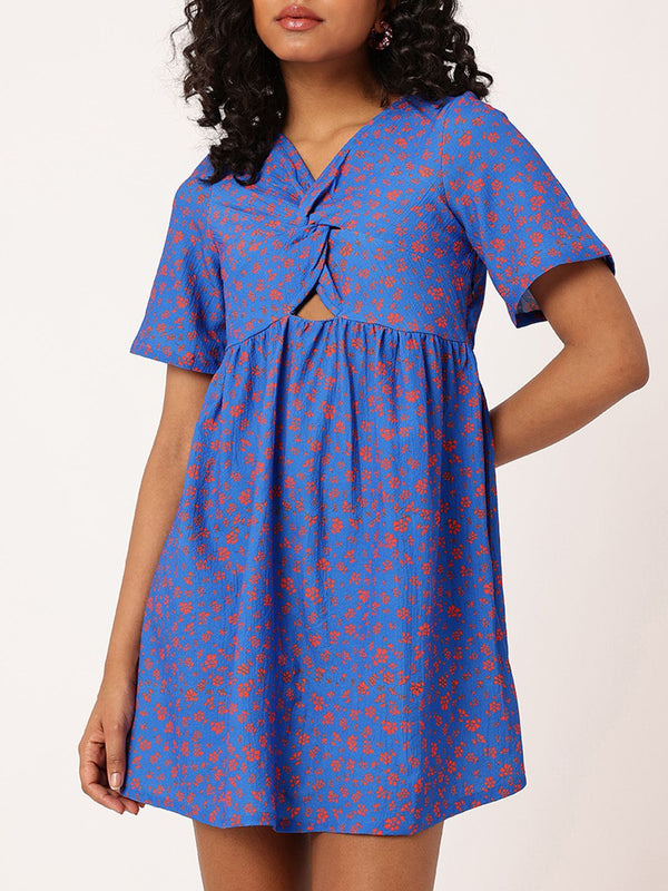 DressBerry Floral Twisted Cut-Out Gathers Seersucker A-Line Mini Dress