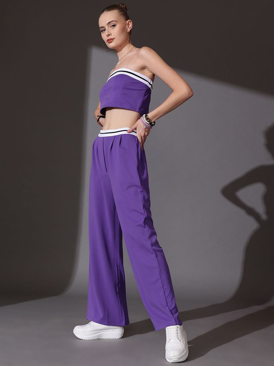 STREET 9 Solid Off Shoulder Top With Flared Trousers Co-Ords
