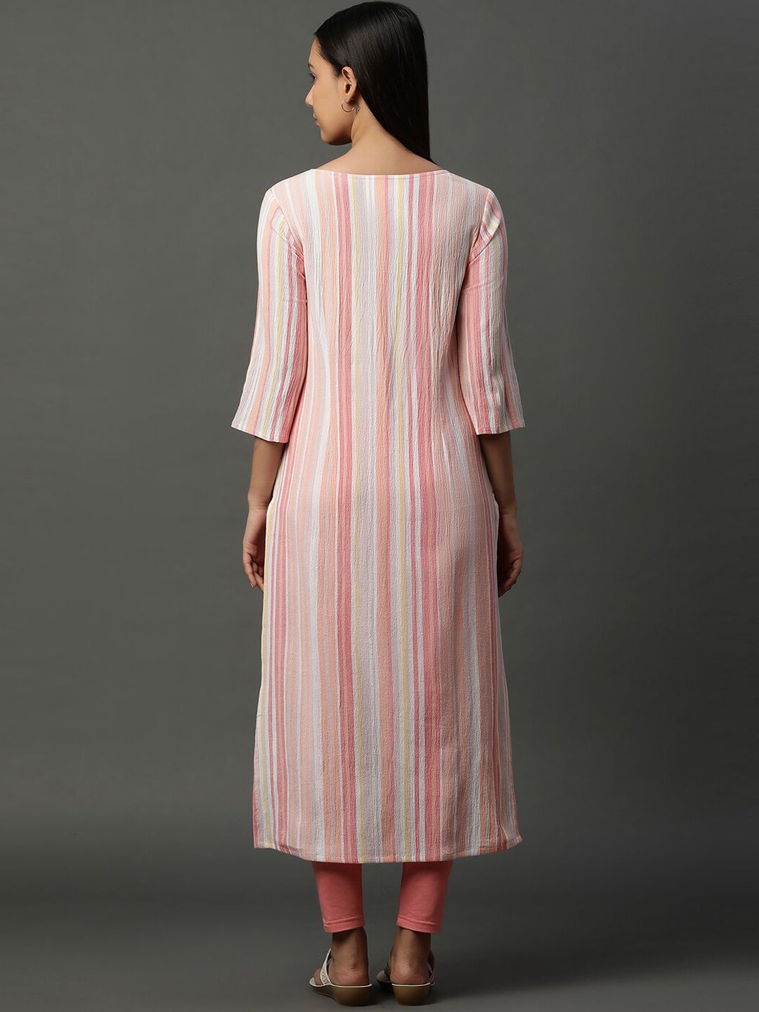 AURELIA Striped Round Neck Three-Quarter Sleeves Straight Kurta
