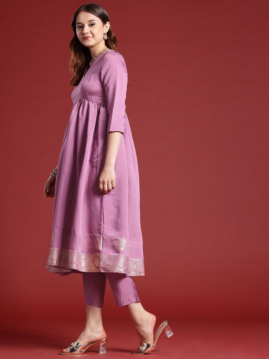 Anouk Women Floral Foil Printed Gathered Kurta With Trousers & With Dupatta