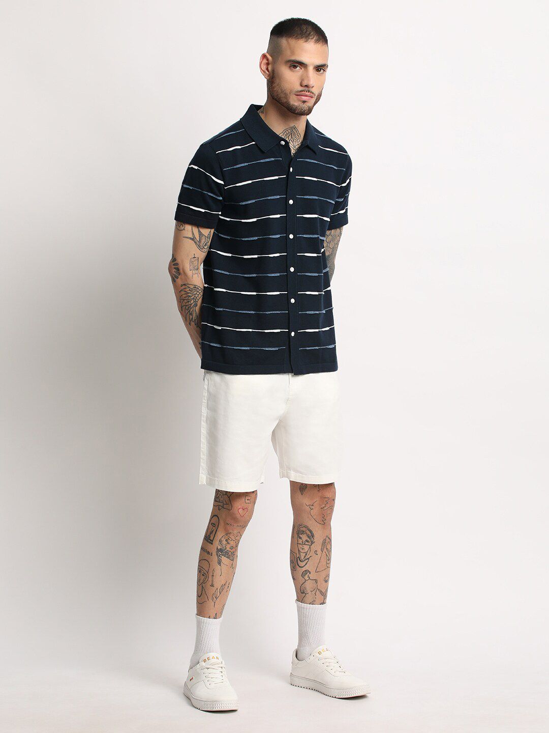 THE BEAR HOUSE Striped Polo Collar Pure Cotton Slim Fit T-shirt