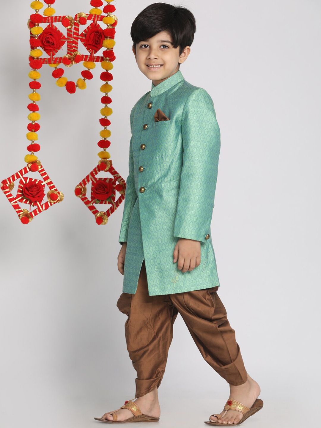 Vastramay Boys 'Green and Coffee Brown Indowestern Sherwani dan Cowl Dhoti Pant Set