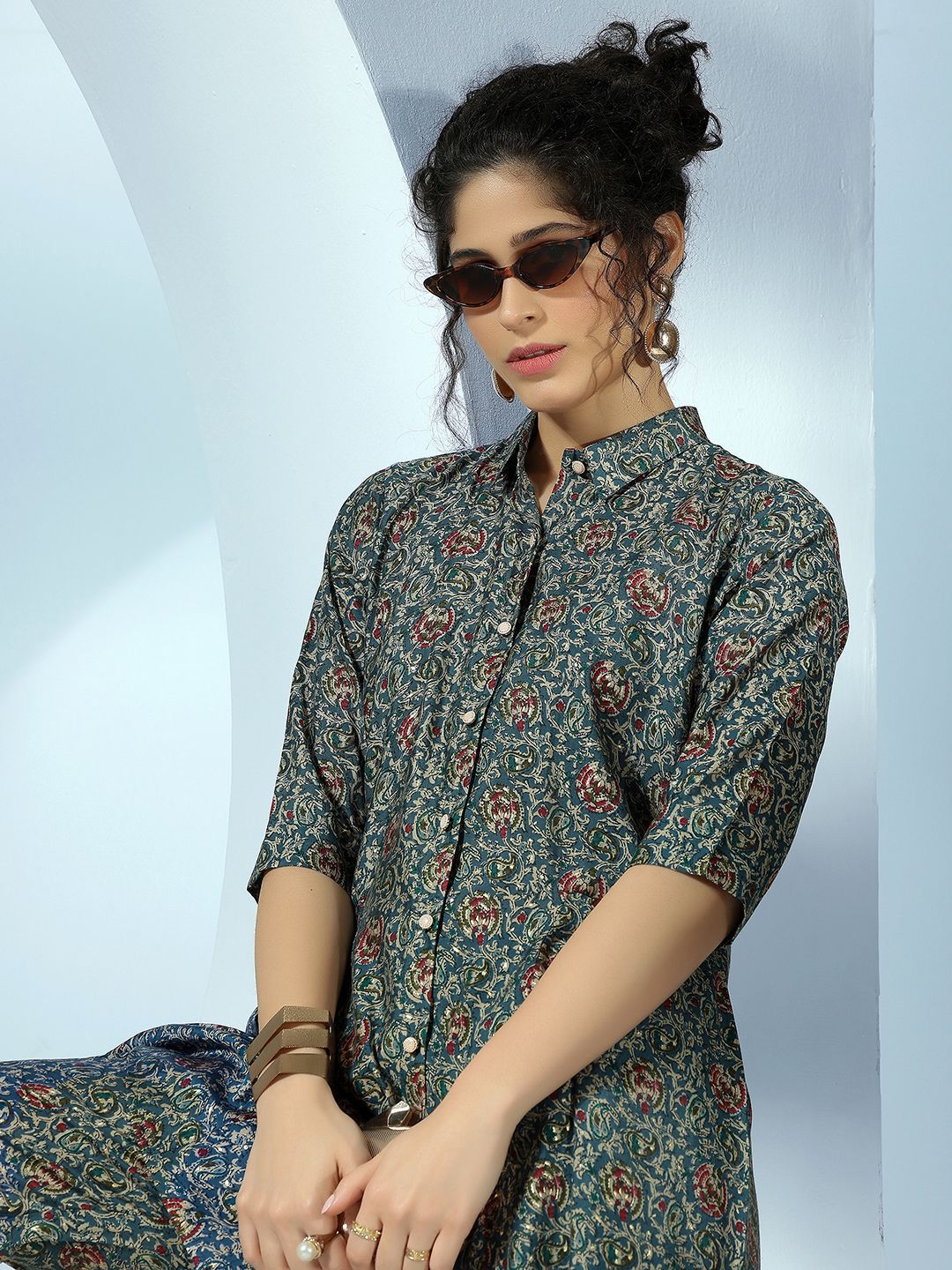 Libas Floral Printed Pleated Shirt With Trousers Co-Ords